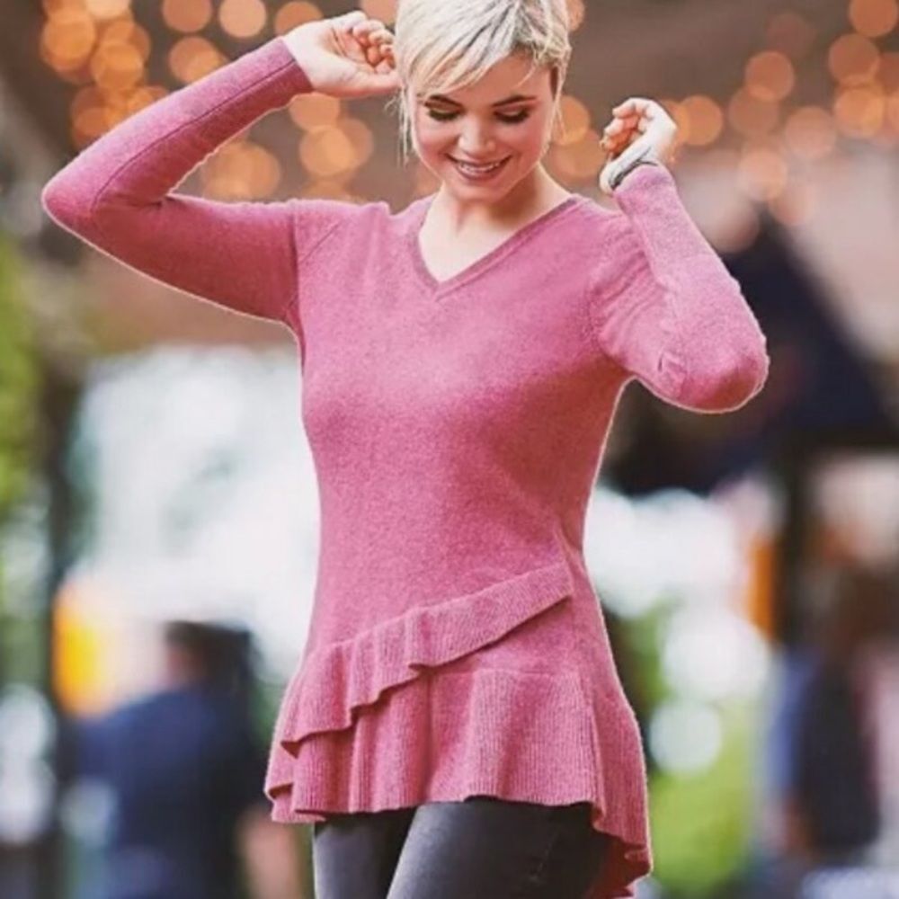 2 ply Cashmere peplum sweater Heather rose Isaac Mizrahi Sz XS